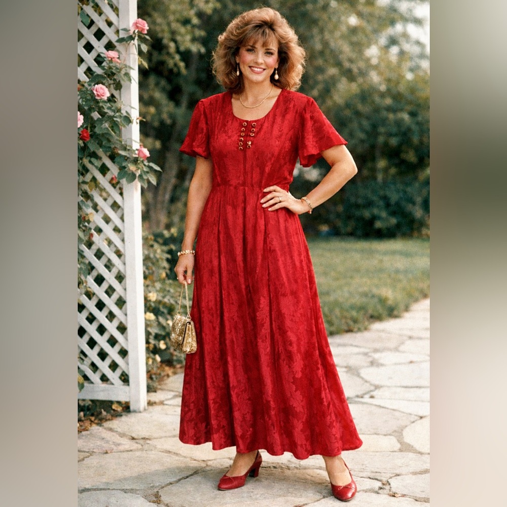 Betsy’s Things Vintage 1980s Red Floral Maxi Dress Short Sleeve Size 16